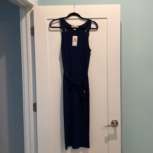Brand new knit ribbed Michael Kors belted navy dress. With gold rings.size “M”